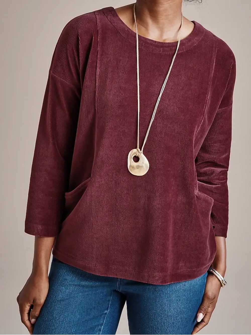 Pure Jill J.Jill dark burgundy moody corded velour pockets top 3/4 sleeve XSP